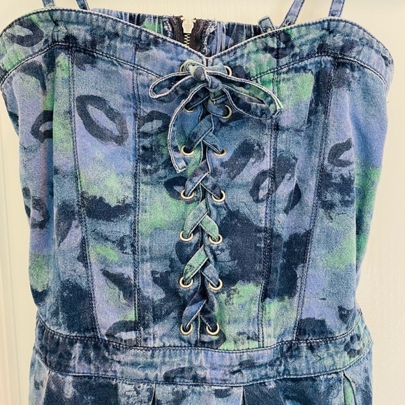 Vintage Denim Print Corset Pleat Front Mini Dress Tunic Top Steampunk - Picture 1 of 17